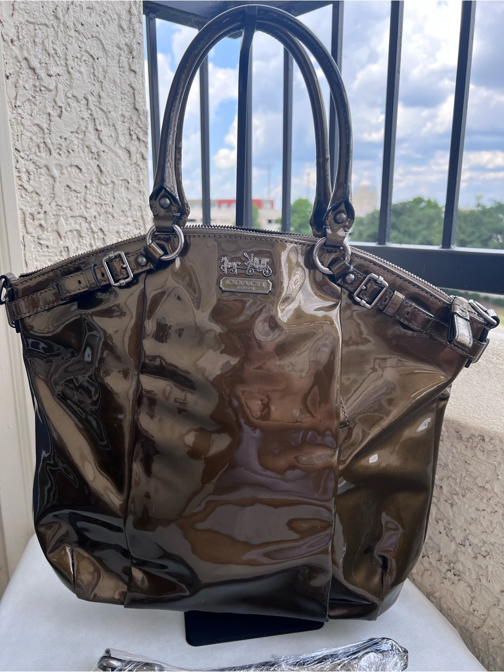 Coach Madison Lindsay Patent Leather Large Satchel in Pewter